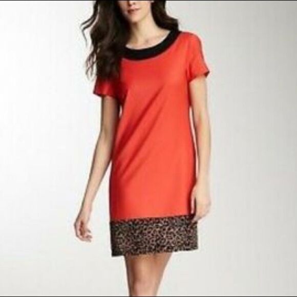 PINK TARTAN Wool Short Sleeve Mini Shift Dress Red Leopard Print 2 - Picture 3 of 7
